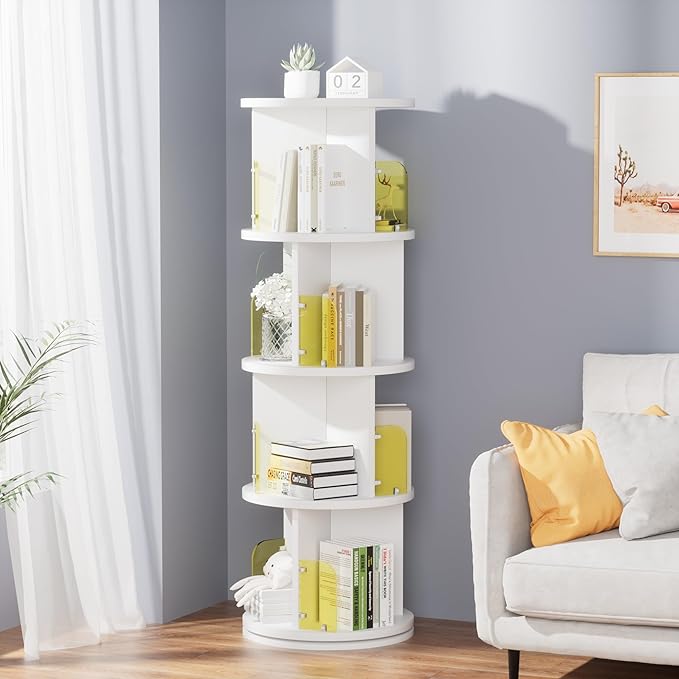 VECELO Rotating Bookshelf Tower, 360°Spinning Bookcase, Modern Tall Book Shelf Storage Display Rack Floor Standing, 4-Tier Swivel Storage Rack for Kids&Adults Solid Wood, White