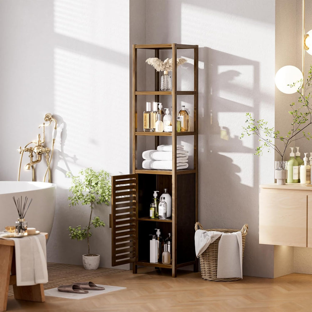 HITNET Bathroom Cabinet, Bamboo Floor Cabinet Freestanding Narrow Storage Unit with Removable Shelves, 6 Tier Tall Cabinet, Walnut