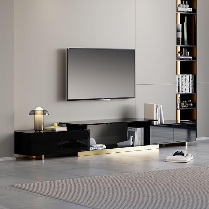 homary Extendable TV Stand, Modern Entertainment Center with Drawers, Adjustable Length Media Console for Living Room Bedroom (Black)