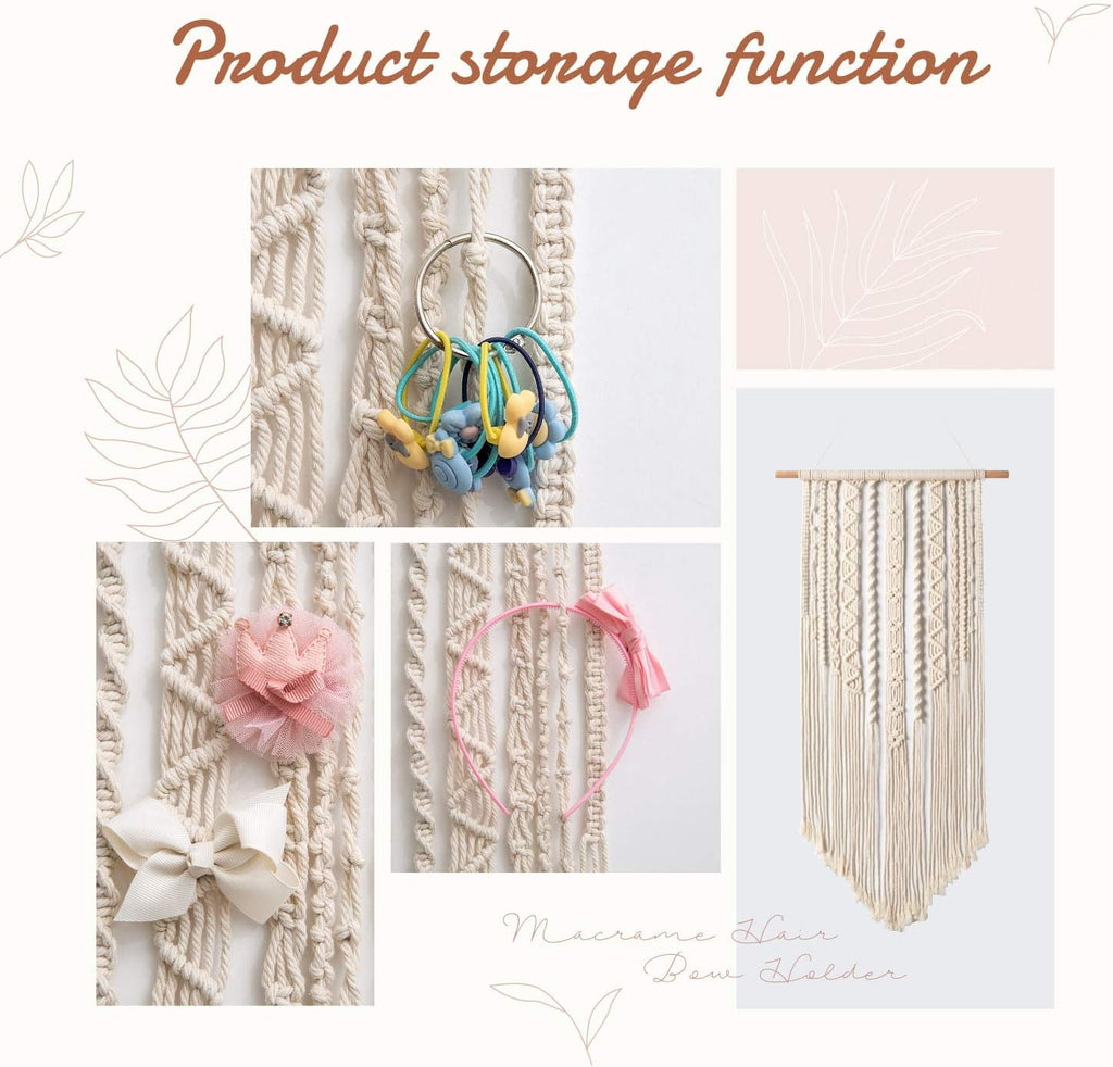 Mkono Macrame Bow Holder Hanging Hair Bow Organizer for Girls Hair Bows,Boho Wall Hair Clips Headband Storage Hanger for Baby Toddler Girls Room, Ivory (Clips and Other Props Not Included)