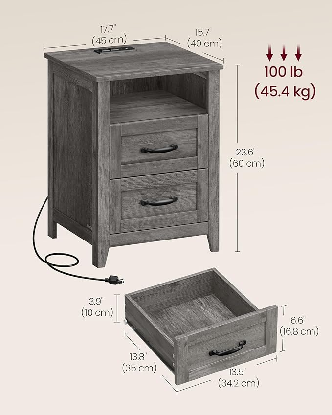 VASAGLE LIRY Collection - Farmhouse Nightstand with Charging Station, Bedside...