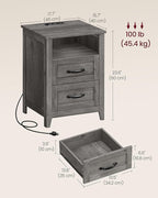 VASAGLE LIRY Collection - Farmhouse Nightstands with Charging Station, Set of 2 Bedside Tables, Side Tables with 2 Drawers, Open Compartment, for Bedroom, Misty Gray ULET869G01