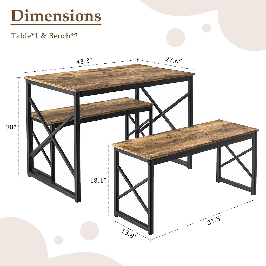 VECELO Kitchen Dining Table Benches Set for 4, 43.3" Wooden Dinette with 2 Benches, Heavy-Duty Dining Room Table for Small Space, Breakfast Nook, Brown