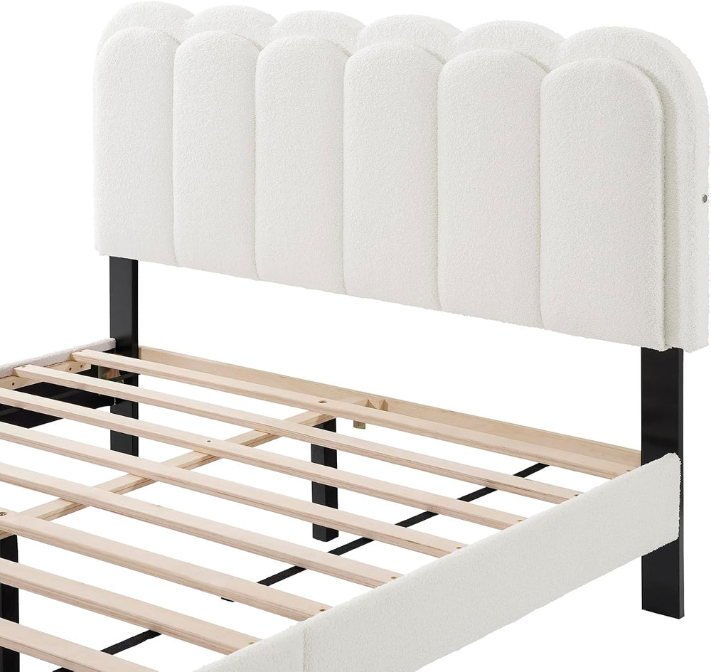 Peanu Queen Boucle Bed Frame, Petal Headboard, Ambient Light, White