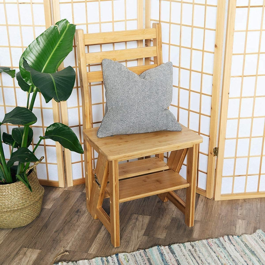Innovative Creative Multi-Functional Bamboo Folding 3 Step Chair Stool, Reversible Portable Wooden Step Ladder Storage Shelf Use for Kitchen, Library, Garage, Office