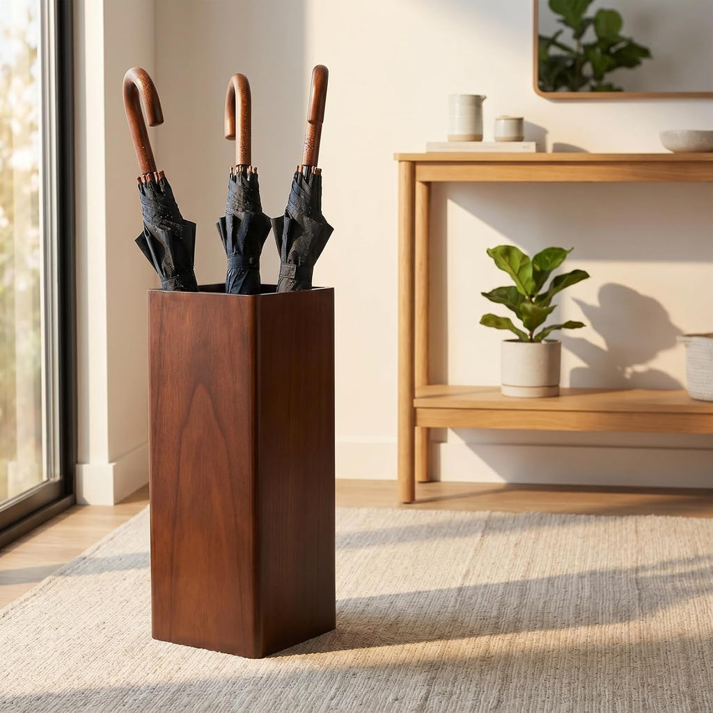 OUNONA Solid Wood Umbrella Stand Elegant Entryway Organizer for Indoor and Outdoor Use Heavy Duty Umbrella Holder for Lobbies Dark Walnut