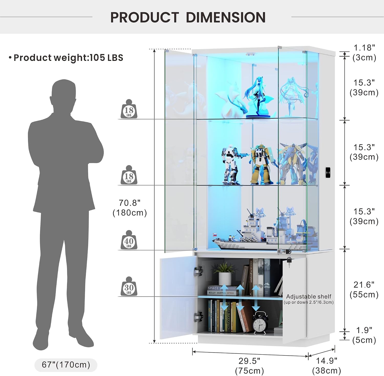 Lvifur 71” Glass Display Cabinet with Lights and Human Body Sensor - White | Pop-Up 4mm Tempered Glass Door; Safety Lockable Keys; Adjustable Lights; 6 feet Tall; Ample Storage Space; Durable Material