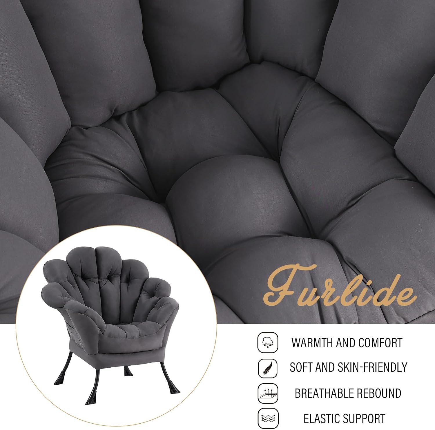 Lazy Chair for Living Room, Modern Floral Reading Chair, Dark Grey Accent Chairs, Comfortable Oversized Armchairs for Bedroom, Courtyard
