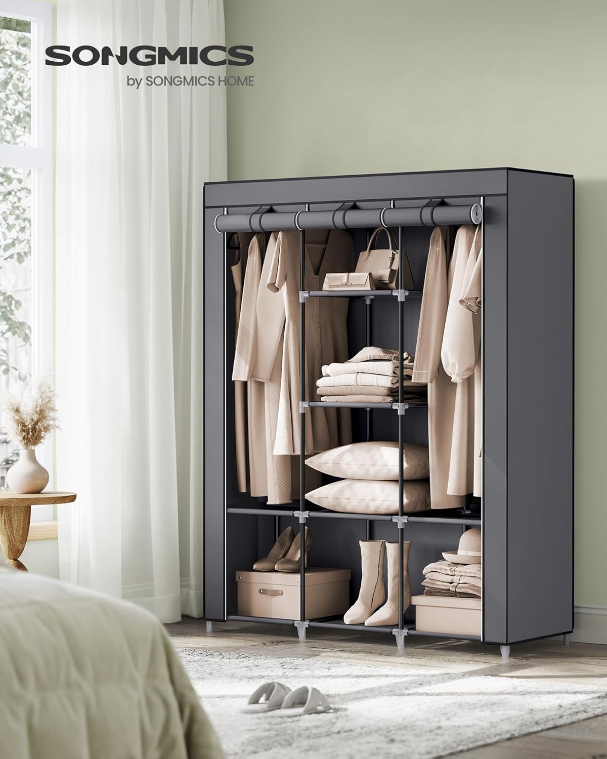 SONGMICS Portable Closet, 51.2 Inch Large Capacity Wardrobe Closet Organizer with Fabric Cover, Hanging Rods and Shelves, 51.2 x 17.7 x 66.1 Inches, for Bedroom, Living Room, Dove Grey URYG096G01