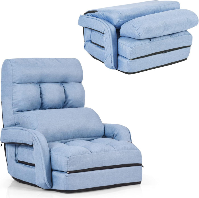 S AFSTAR Indoor Chaise Lounge Sofa, Folding Lazy Sofa Floor Chair with 6-Position Adjustable Backrest Lumbar Pillow & Armrests, Folding Padded Lounger Bed for Living Room Bedroom (Blue)