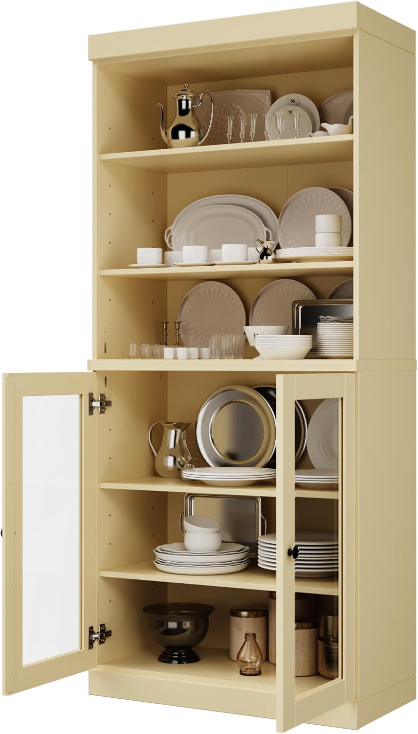 Palace Imports 100% Solid Wood Kitchen Pantry w/ 2 Glass Doors, Yellow, 32&qu...