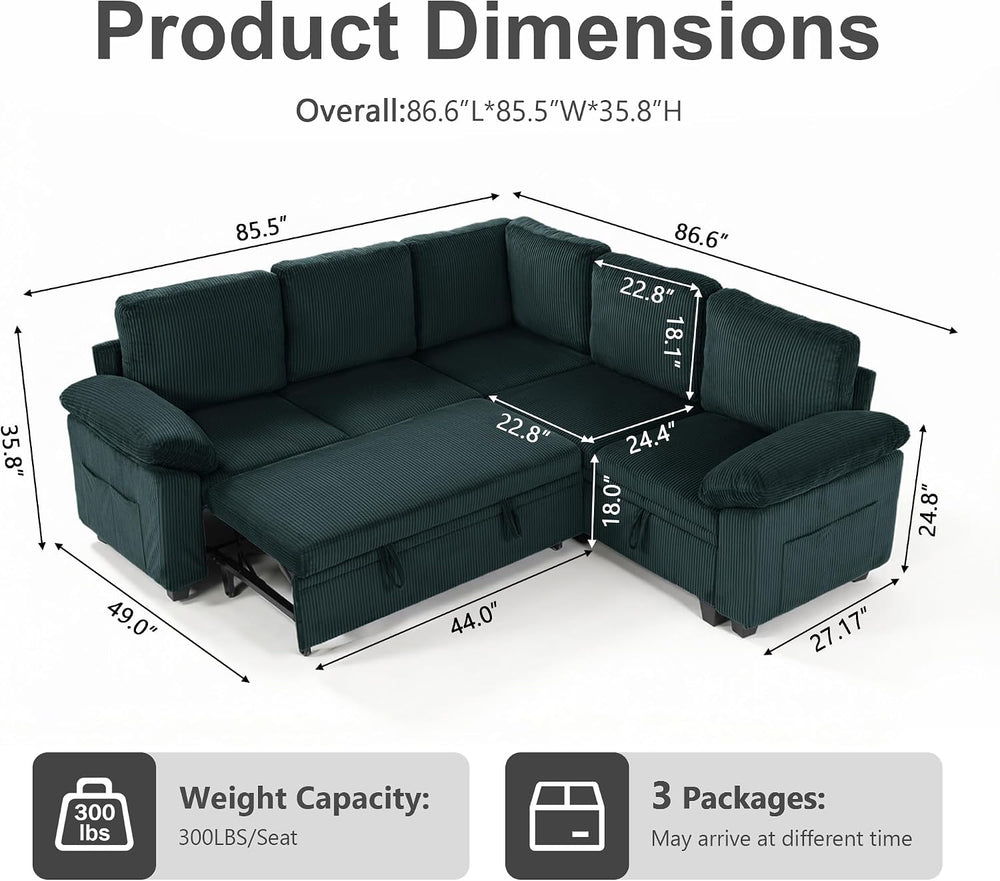 86″ Sectional Sleeper Sofa with Pull Out Bed, Modular Sectional Couch with St...