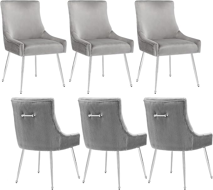 Velvet Dining Chairs Set of 6 with Silver Metal Legs, Modern Upholstered Kitchen Chair with Pull Handle & Pleated Back, Mid Century Accent Chair for Vanity,Dining,Kitchen,Living Room, Grey
