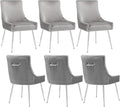 Velvet Dining Chairs Set of 6 with Silver Metal Legs, Modern Upholstered Kitchen Chair with Pull Handle & Pleated Back, Mid Century Accent Chair for Vanity,Dining,Kitchen,Living Room, Grey
