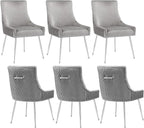 Velvet Dining Chairs Set of 6 with Silver Metal Legs, Modern Upholstered Kitchen Chair with Pull Handle & Pleated Back, Mid Century Accent Chair for Vanity,Dining,Kitchen,Living Room, Grey