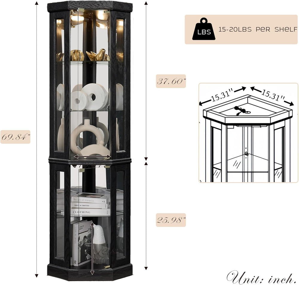 Corner Curio Cabinet, 70" H Lighted Glass Display Cage with Tempered Gla...