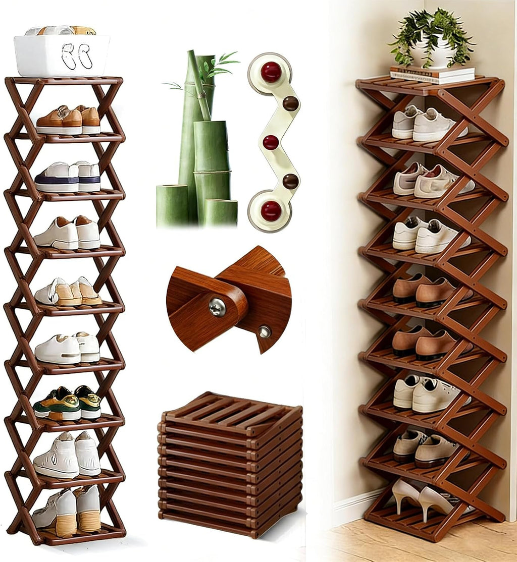Foldable Shoe Rack, 9-Tier Bamboo Vertical Shoe Organizer, Narrow Space-Saving Shelf, No-Tools Assembly, Expandable Storage for Closet, Entryway, Corner, Bedroom (Brown, 9 Tire)