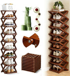 Foldable Shoe Rack, 9-Tier Bamboo Vertical Shoe Organizer, Narrow Space-Saving Shelf, No-Tools Assembly, Expandable Storage for Closet, Entryway, Corner, Bedroom (Brown, 9 Tire)