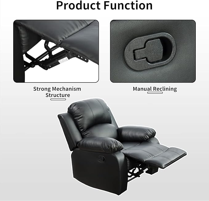 Manual Recliner Sectional Sofa Set, Bonded Leather L-Shaped Living Room Furniture Sets, Reclining Sectional Corner Couch and Recliner Chair Set for Home Office (Black, Sectional + Chair)