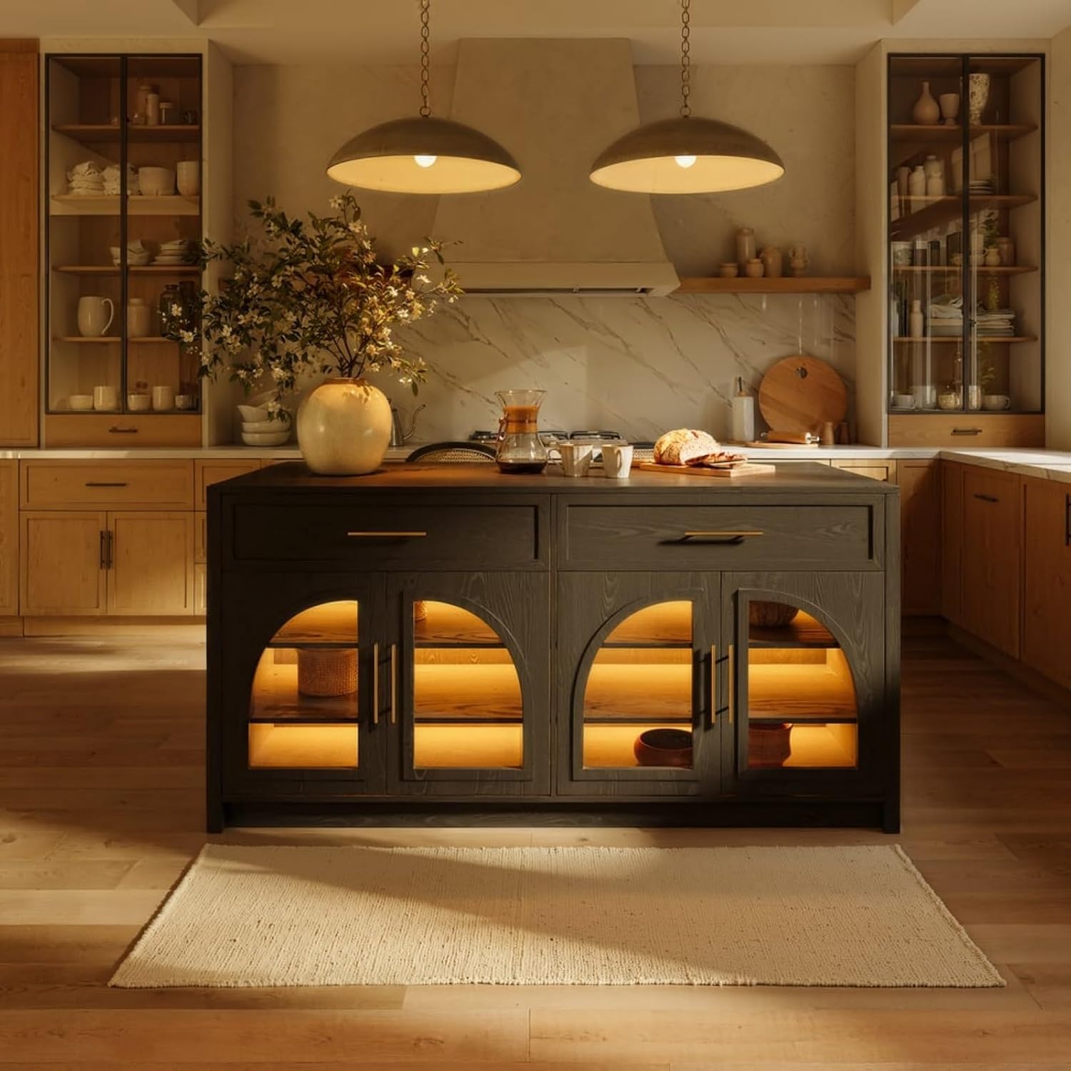 homary 71" Kitchen Island with LED Light Strip,Glass Doors, Modern Black Large Stationary Storage Islands with Adjustable Shelves and Drawers,Seats to 4 for Dining Room