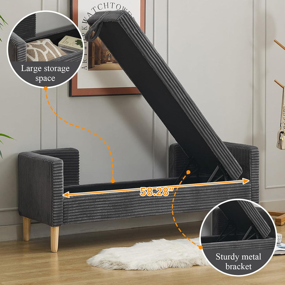 65.35" Storage Bench, Corduroy Upholstered End of Bed Bench with Bolster...