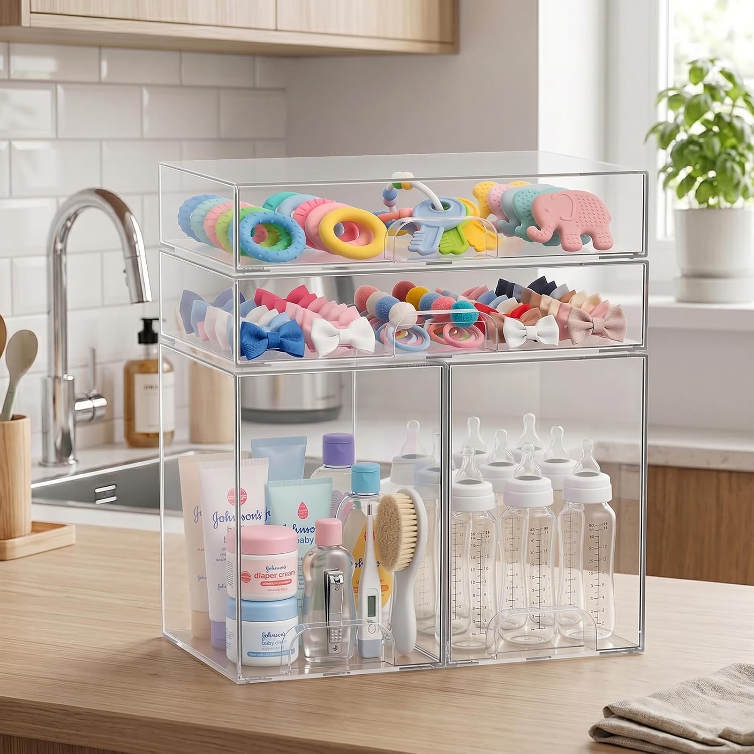Baby Bottle Organizer Stackable, 4 Pack Clear Stackable Storage Drawers with 3 Stickers & 1 Pen, for Stationery, Cosmetics, Bathroom, Vanity, Countertop & Cabinet ((7.7’’ and 3.4’’Tall)
