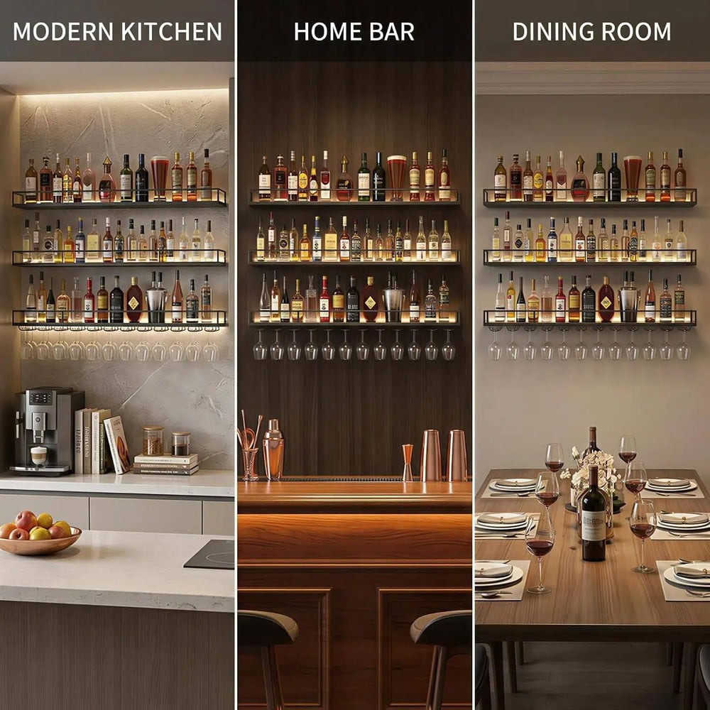 55.1" Wall Mounted Wine Rack with Lights, 3-Tier Floating Bar Shelf | Ho...