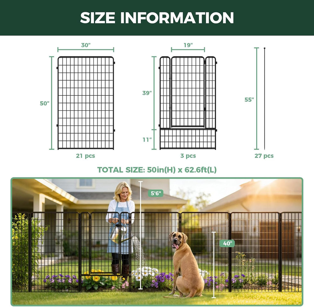 FXW No Dig Garden Fence, Outdoor for Yard, 50in(H) x 62.6ft(L), 24 Panels