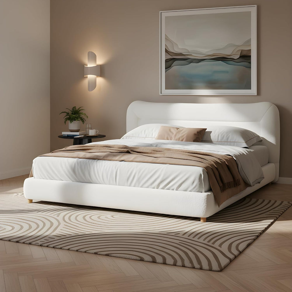 Minimalist Curved Headboard Plush Platform Bed, Queen, Cream Teddy Fabric