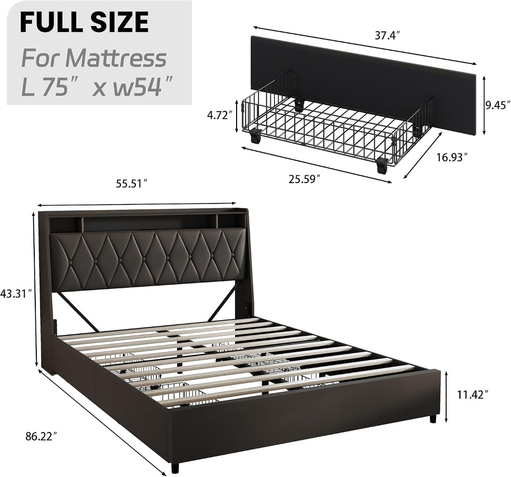 Peanu Full Bed Frame, Ergonomic Headboard, LED Lighting Black