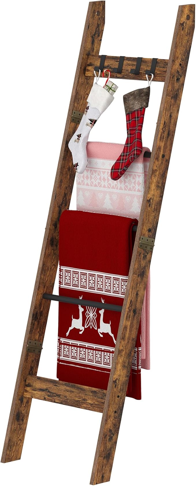 Blanket Ladder for Living Room, Decorative Quilt Rack with 4 Removable Hooks, 5-Tier Farmhouse Ladder Holder Shelf Organizer for Bedroom, Rustic Brown and Black 02101BBR