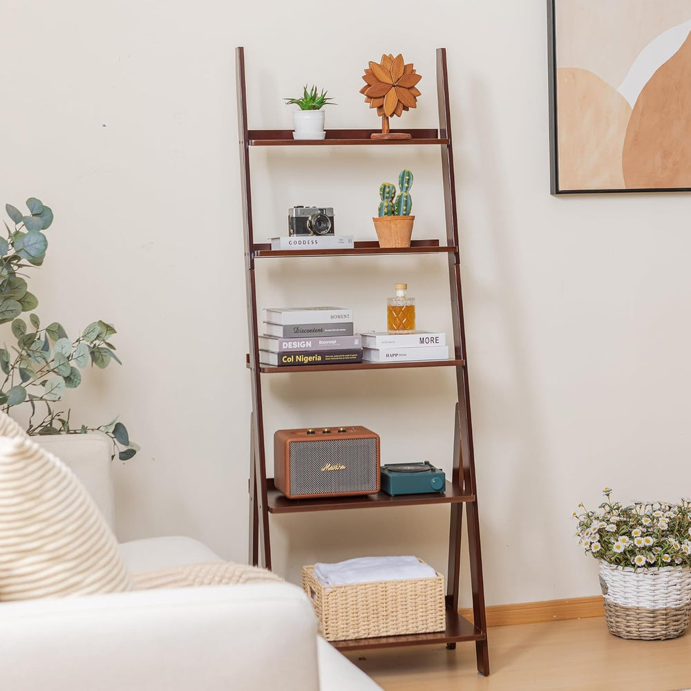 DOUSY-5-Tier Ladder Shelf Bookcase, Bamboo Ladder Bookshelf Leaning Book Shel...