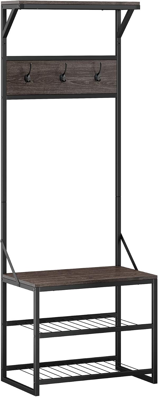 RiverRidge Afton Hall Tree, Black Metal Frame and Weathered Woodgrain | Entryway Organizer with Shoe Rack, Bench Seat, Coat Hooks, Top Display Storage Shelf
