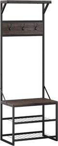 RiverRidge Afton Hall Tree, Black Metal Frame and Weathered Woodgrain | Entryway Organizer with Shoe Rack, Bench Seat, Coat Hooks, Top Display Storage Shelf