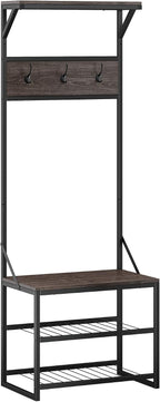 RiverRidge Afton Hall Tree, Black Metal Frame and Weathered Woodgrain | Entryway Organizer with Shoe Rack, Bench Seat, Coat Hooks, Top Display Storage Shelf
