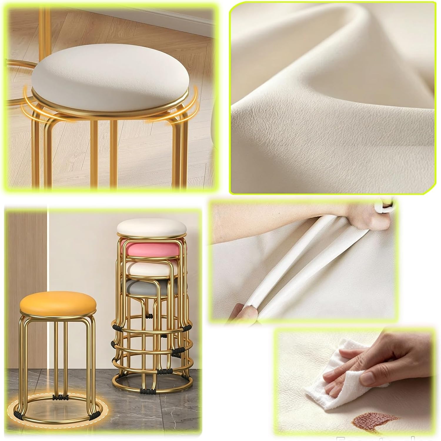 Waiting Room Chair, Round Stool, Dining Chairs, Stackable Kitchen Stools, Metal Frame, for Small Spaces Home Bedroom Study(Light Gray,Silver Chair Legs)