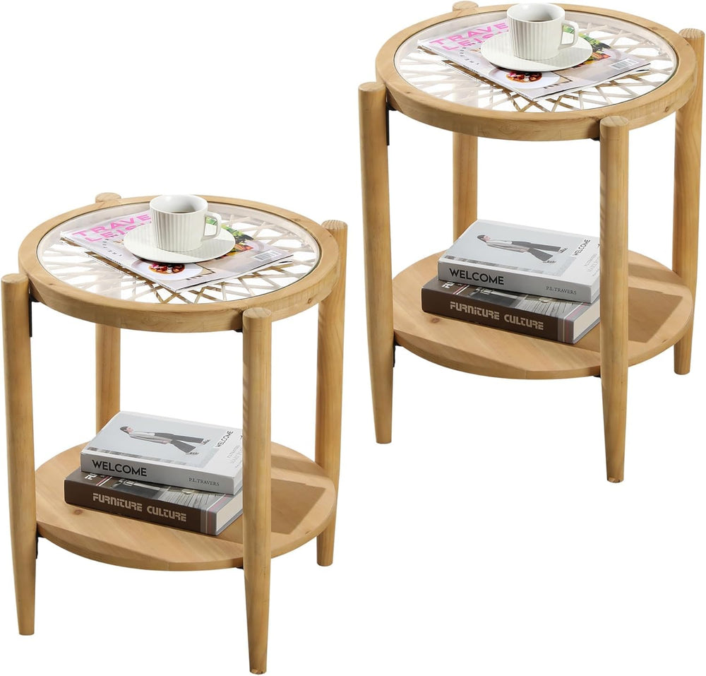 RUSTOWN Rattan Nightstands Set of 2,Boho Wood Round Side Tables, 2-Tier Natur...