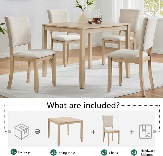 KEIKI 5-Piece Standard Height Dining Table Set with Square Table, 4 Upholstered Curved Backrest Chair, for 4 Person, Modern Style Table Set, Easy Assembly, for Kitchen, Dining Room, Light Oak+Beige
