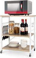 Giantex Kitchen Bakers Rack 3-Tier Microwave Cart on Wheels, Industrial Utility Bar Cart with 10 Hooks Metal Frame Wood Storage Shelves, Rolling Microwave Stand, Maple & White