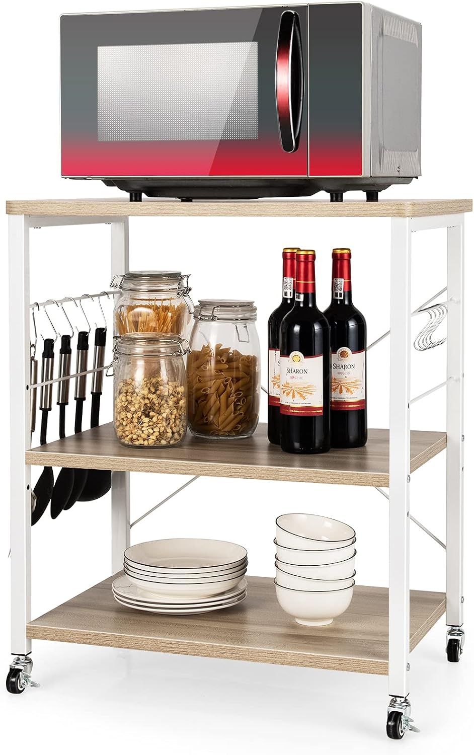 Giantex Kitchen Bakers Rack 3-Tier Microwave Cart on Wheels, Industrial Utility Bar Cart with 10 Hooks Metal Frame Wood Storage Shelves, Rolling Microwave Stand, Maple & White