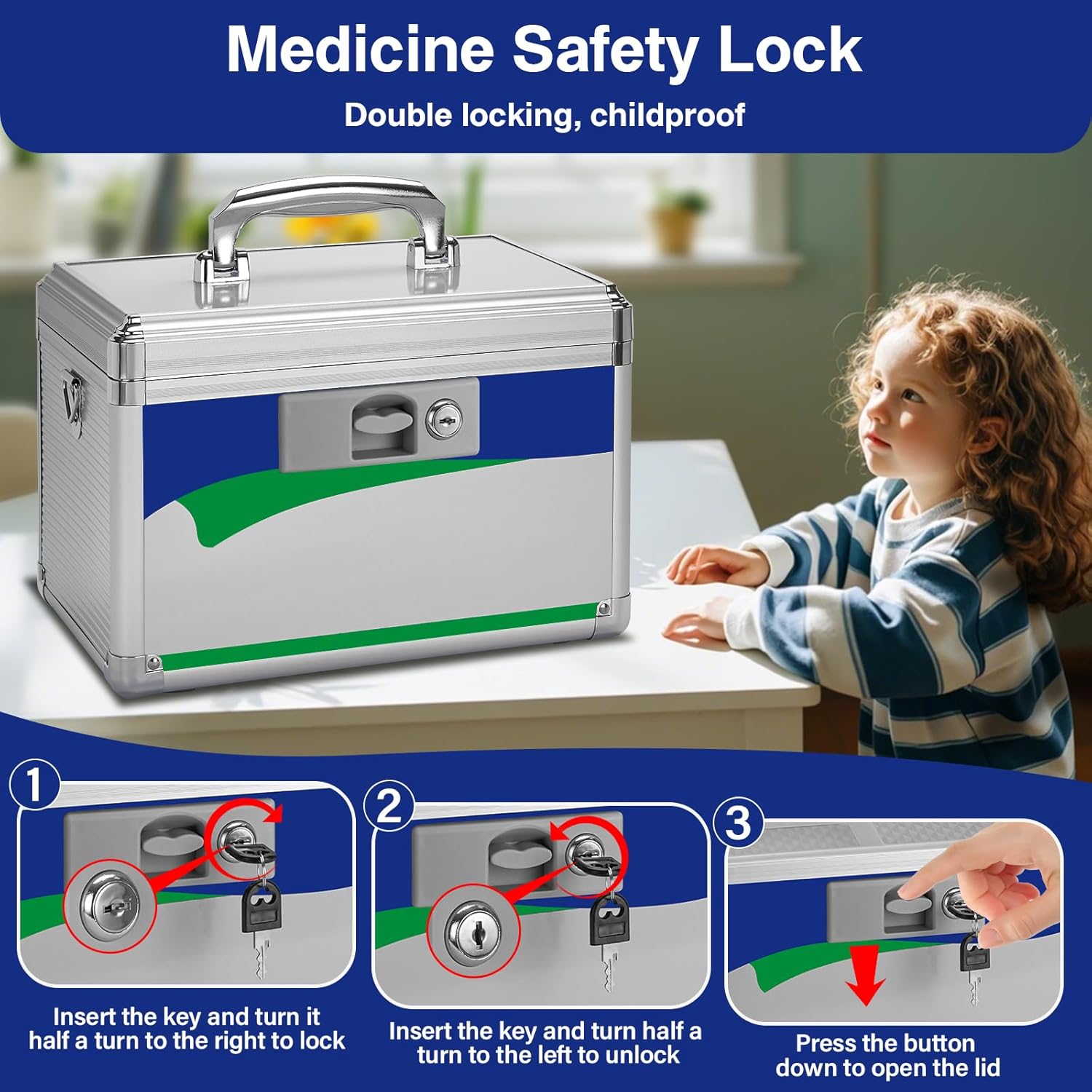 Medicine Lock Box for Safe Medication - 13.4 x 7.6 x 8.2 Inches - Lockable Storage Box for Drugs, First Aid Kit Empty, Lock Boxes with Key for Home/Outdoor (Blue/Large)