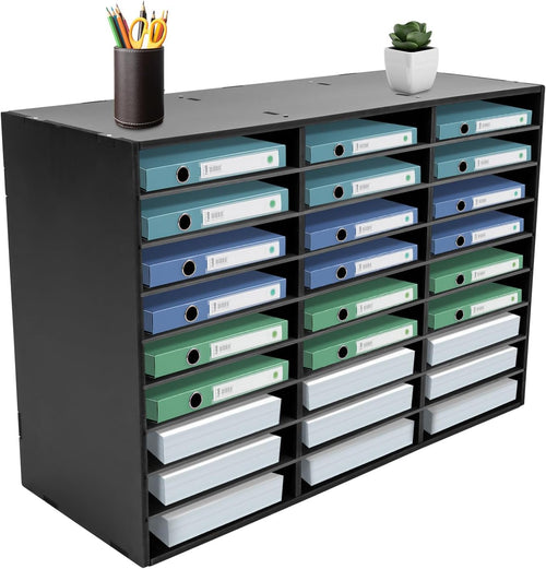 27 Compartments Literature Organizer, Desktop File Sorter Mail Center Paper Storage Cabinet Classroom Mailbox for Files Documents Papers Magazines(White) (Black 27Slots 1)