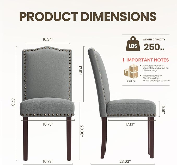 COLAMY Grey Upholstered Parsons Dining Chairs Set of 6,Comfortable Foam Seat, Classic Nailhead Trim, Solid Wood Legs, Stable & Easy to Assemble for Dining Room, Kitchen, Living Room & Café
