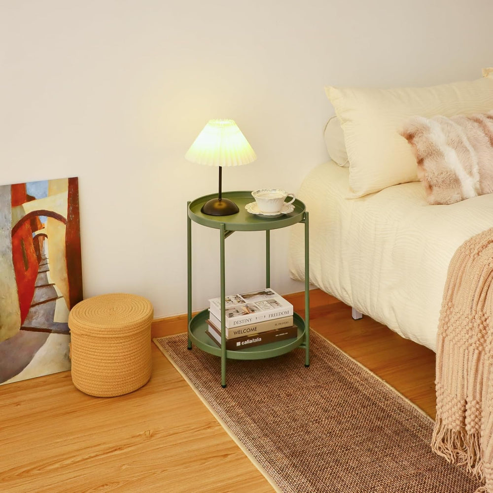 2-Tier Round End Side Table, Small Metal Side Table with Removable Tray, Fold...