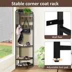 Corner Coat Rack, Hall Tree with Bench and Shoe Storage | Wood Entryway Organizer with 14 Metal Hooks, Freestanding Corner Shelves for Entryway, Hallway