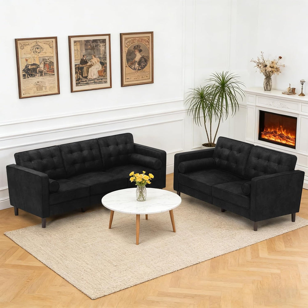 Suede Leather Upholstered Sofa Set with Tufted Backrests, Black