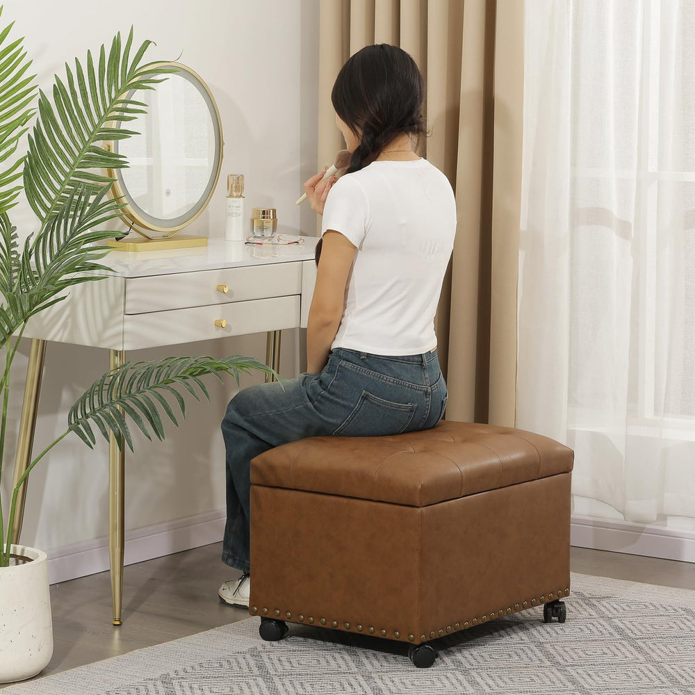 Leather Storage Ottoman,24’’Foot Rest Ottomans with Wheels and Hinged Lid Rec...