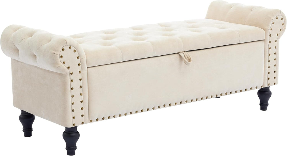 51" Storage Bench for Bedroom, Upholstered Ottoman Bench, Chenille Beige...