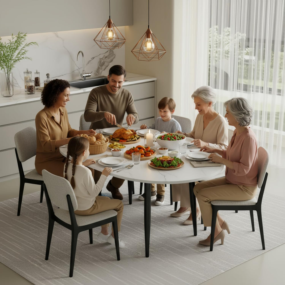 42"-54" Round to Oval Extendable Dining Room Table, White Faux Marb...