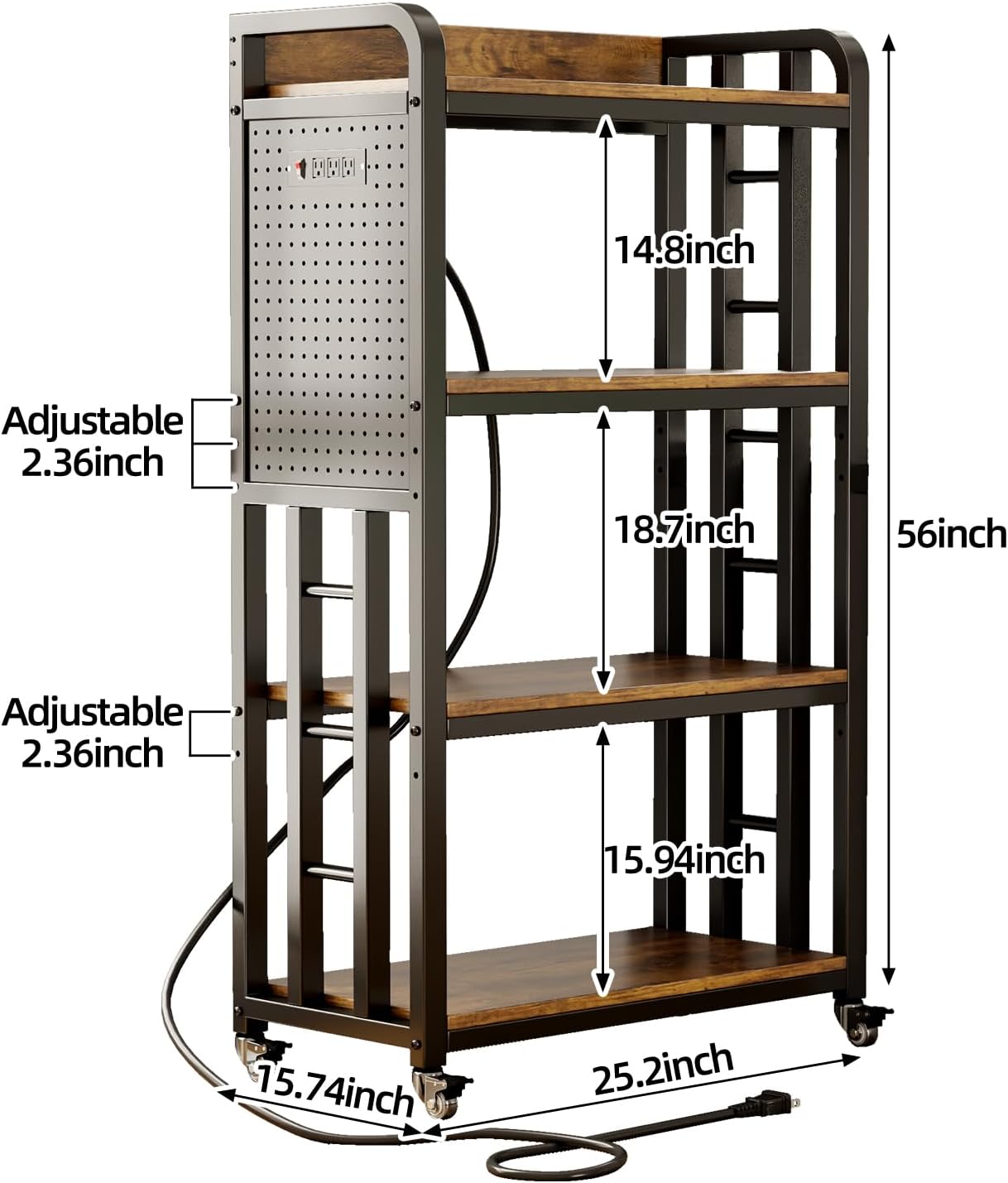 Bakers Rack with Power Outlet,bakers rack with storage,microwave cart | Microwave Oven Stand with Storage 4 Tiers,With pegboard Bakers Racks,bakers rack with storage,for Kitchen,Coffee Bar